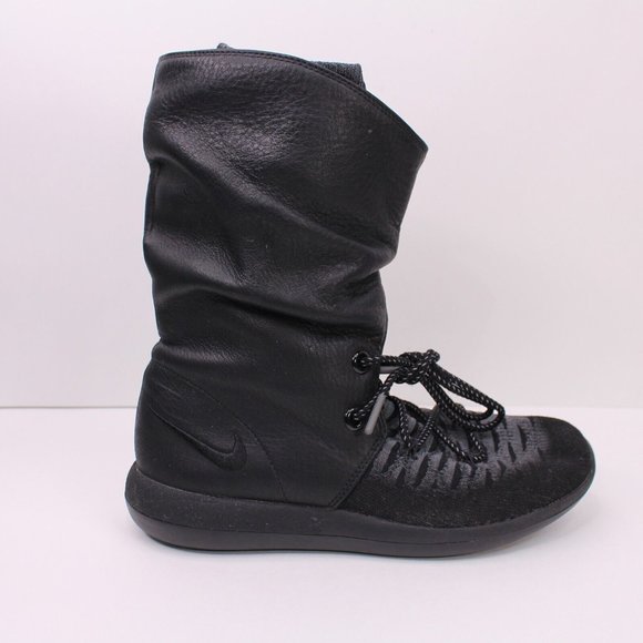 Nike Womens Roshe 2 Hi Flyknit Slouch Leather Boots Size 7 All Black Gray 861708 - Picture 2 of 13